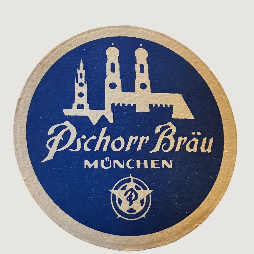 Pschorr Bräu Beer Coaster Blue White Vintage Munich Germany Skyline Round